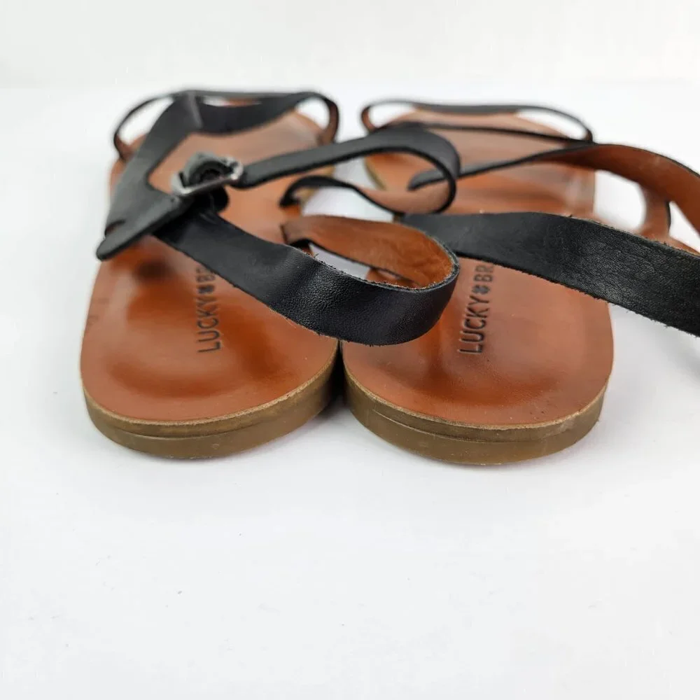 Lucky Brand Alexcia Black Leather Strappy Flat Sandal 11